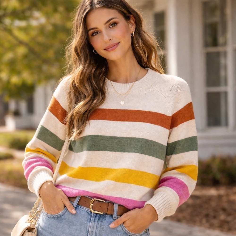 Striped Crewneck Sweater in Cream with Multi Color Stripes